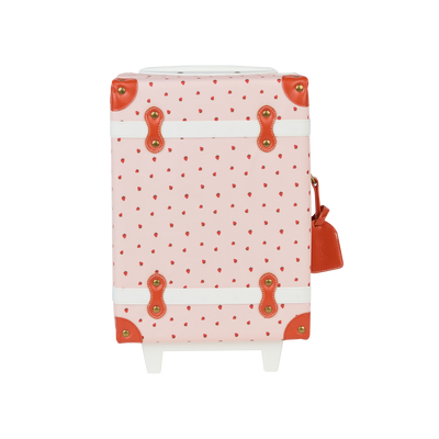 Kids travel suitcase with pink strawberry print.