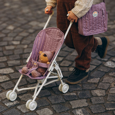 Olli Ella lavender purple doll pram for kids toys. For use with our posable dinkum dolls and matching changing bag and mat for imaginative doll play.