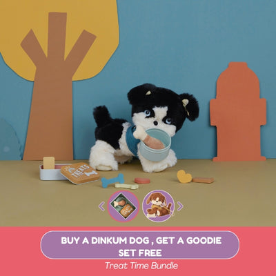 Stuffed dog toy with a bowl of treats in a playful scene with trees and a house.
