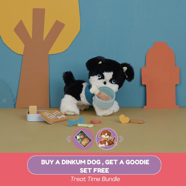 Stuffed dog toy with a bowl of treats in a playful scene with trees and a house.