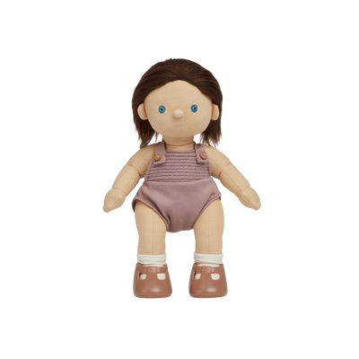 Brown haired, posable doll for kids. Snuggle them, dress them up and style their hair. Each Doll comes with its own removable gender-neutral outfit, socks, nappy, and shoes, perfect for interative doll play.