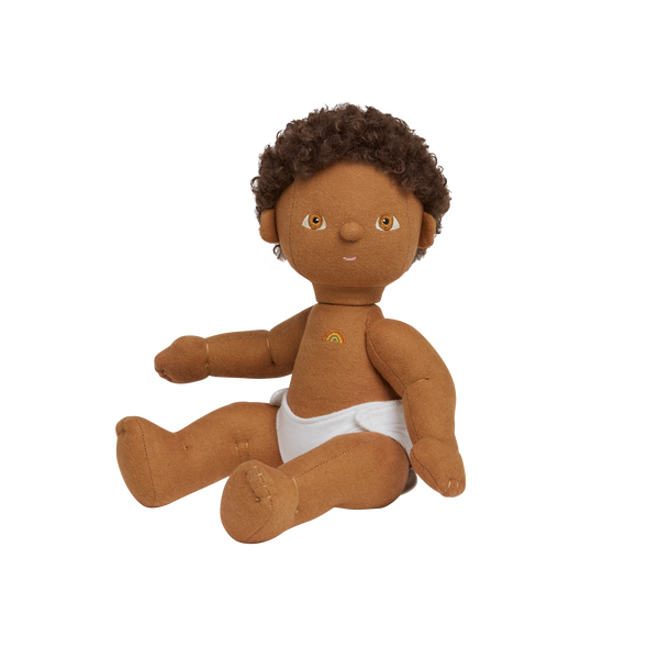 Gender-neutral, posable kids doll with brown hair and removable brown outfit. Dress them up and style their hair for hours of interactive kids play.