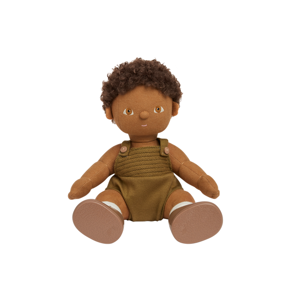 Brown afro haired, posable doll for kids. Snuggle them, dress them up and style their hair. Each Doll comes with its own removable gender-neutral outfit, socks, nappy, and shoes, perfect for interactive doll play.