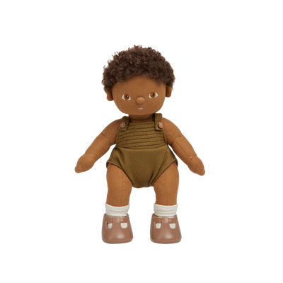 Brown afro haired, posable doll for kids. Snuggle them, dress them up and style their hair. Each Doll comes with its own removable gender-neutral outfit, socks, nappy, and shoes, perfect for interactive doll play.