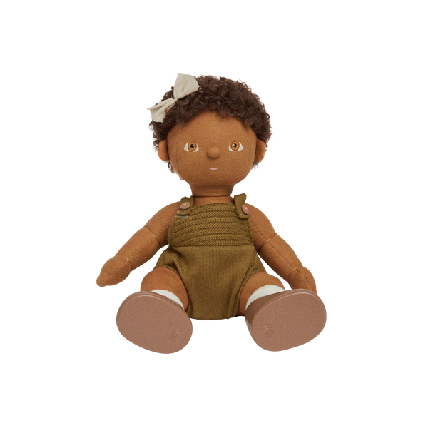 Gender-neutral, posable kids doll with brown hair and removable brown outfit. Dress them up and style their hair for hours of interactive kids play.