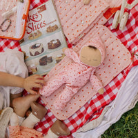 Olli Ella pink strawberry print Doll changing mat and bag with matching strawberry doll for kids imaginative play