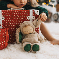 Olli Ella Christmas themed Cozy Dinkum Bunny with green themed features pictured with see-ya products