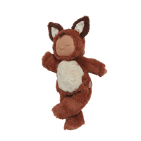 Cozy Dinkum Finnley Fox plush toy, the dreamy woodland doll with the softest rust-colored fur and a sleepy flopsy body, perfect for snuggles and sweet dreams. This posable plush fox features an embroidered face, tuft of hair, and a non-removable suit with unique detailing and a rainbow heart.