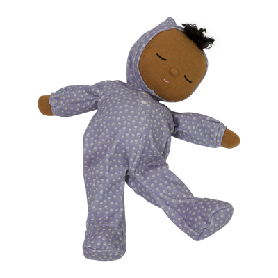 Dozy Dinkum doll with purple velvety onsie outfit. Perfectly weighted doll for calm. Plush doll with brown hair, perfect for cuddling and interactive doll play.
