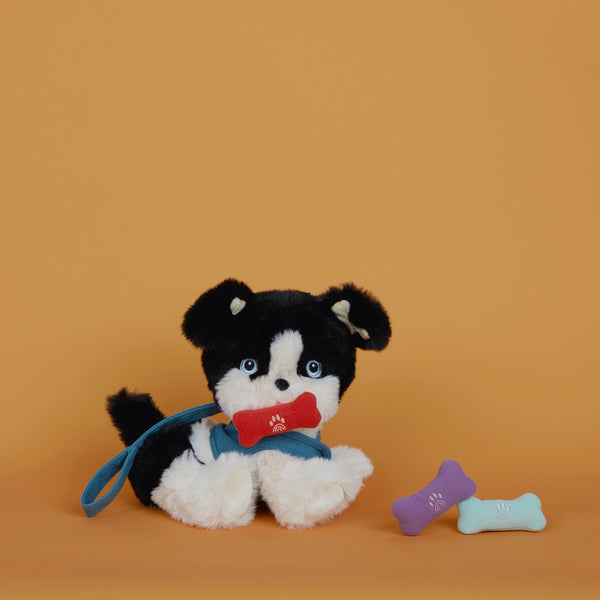 Olli Ella Dinkum Dog Bones Fiesta Colour way - Purple, Aqua and Red Bones with Dog Lucky