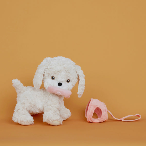 Olli Ella Dinkum Dog Cookie - White Dog, Pink Harness and magnet holding bone 