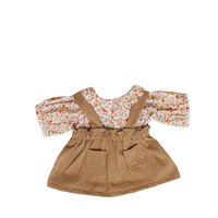 A charming Prairie Set for Dinkum Dolls, featuring a vintage-inspired dress, bonnet, and booties. Perfect doll outfit for imaginative play and dressing up dolls.