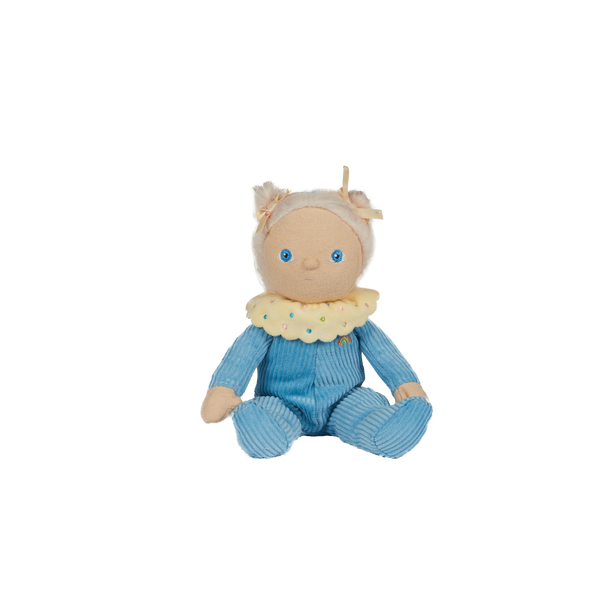 Bonnie Buttercream, our baby blue corduroy mini plush toy. Collectable, Soft and cuddly, and snuggled in a non-removable velvet onesie, Bonnie Buttercream is a must have in your toy collection.