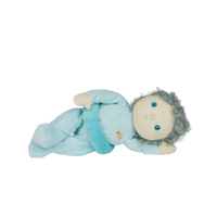 Limited-edition, palm sized, collectable kids plush toy. Franny Frosting is a blue  weighted plush toy in a velvet onsie, perfect for imaginative kids play.