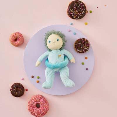 Limited-edition, palm sized, collectable kids plush toy. Franny Frosting is a blue  weighted plush toy in a velvet onsie, perfect for imaginative kids play.