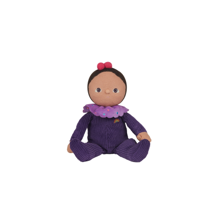 Limited-edition, palm sized, collectable corduroy kids plush toy. Freya Fondant is a purple weighted plush toy in a velvet onsie, perfect for imaginative kids play.