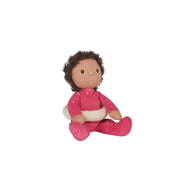 Sadie Sprinkles, our pink strawberry donut mini plush toy. Collectable, Soft and cuddly, and snuggled in a non-removable velvet onesie, Sadie Sprinkles is a must have in your toy collection.