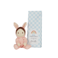 A soft, cuddly plush bunny toy with a pink-colored coat, perfect for small hands and imaginative play. Perfectly weighted and collectable easter-themed plush toy.