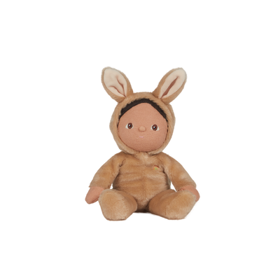 A soft, cuddly plush bunny toy with a latte-colored coat, perfect for small hands and imaginative play. Perfectly weighted and collectable easter-themed plush toy.