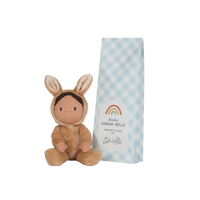 A soft, cuddly plush bunny toy with a latte-colored coat, perfect for small hands and imaginative play. Perfectly weighted and collectable easter-themed plush toy.