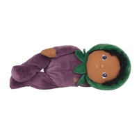 Ellis Eggplant, the charming limited-edition collectable eggplant plush toy. A posable plush doll with gentle weighting inside, dressed in a soft, non-removable velvet onesie. Collect all Happy Harvest friends.