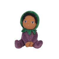 Ellis Eggplant, the charming limited-edition collectable eggplant plush toy. A posable plush doll with gentle weighting inside, dressed in a soft, non-removable velvet onesie. Collect all Happy Harvest friends.