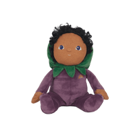 Ellis Eggplant, the charming limited-edition collectable eggplant plush toy. A posable plush doll with gentle weighting inside, dressed in a soft, non-removable velvet onesie. Collect all Happy Harvest friends.