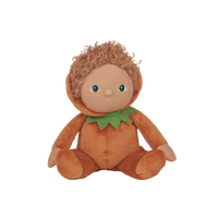 Perry Pumpkin, the charming limited-edition collectable pumpkin plush toy. A posable plush doll with gentle weighting inside, dressed in a soft, non-removable velvet onesie. Collect all Happy Harvest friends.