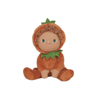 Perry Pumpkin, the charming limited-edition collectable pumpkin plush toy. A posable plush doll with gentle weighting inside, dressed in a soft, non-removable velvet onesie. Collect all Happy Harvest friends.