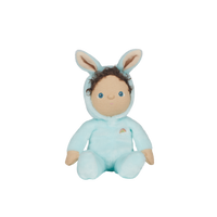 A soft, cuddly plush bunny toy with a baby blue-colored coat, perfect for small hands and imaginative play. Perfectly weighted and collectable easter-themed plush toy.