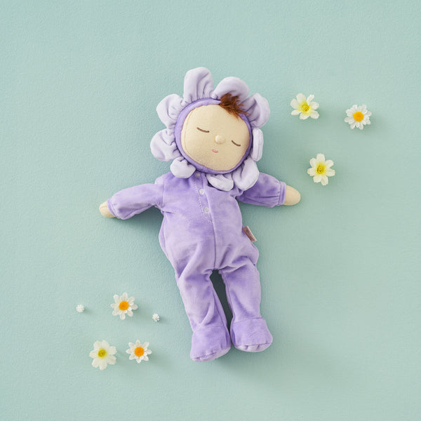 Charming Pickle Lavender Dozy Dinkums plush flower doll by Olli Ella. Ideal for imaginative play and comfort, crafted from durable, child-friendly fabrics.