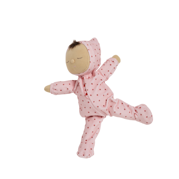 beautiful soft-doll suitable from birth with pink strawberry printed onesie.