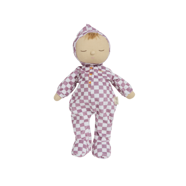 Olli Ella Dozy Dinkum Doll - Plum Check. Floppy soft-doll suitable from birth with purple check printed onesie,