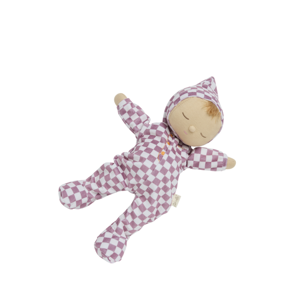 beautiful soft-doll suitable from birth with purple check printed onesie.