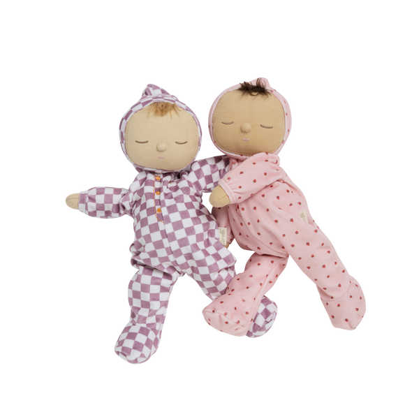 Strawberry and purple check kids soft-toy dolls. suitable from birth and perfect for cuddles.