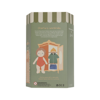 Box packaging for 'Charlie's Wardrobe' with a doll and wardrobe illustration on a green background.