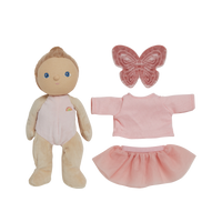 Plush baby doll with pink outfit and butterfly accessory on a white background