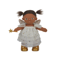 doll wearing white and gold fairy costume