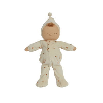 Posable plush doll suitable from birth. The Lullaby Lyra includes a pompom on their bonnet that plays a sleepy tune when pulled. 