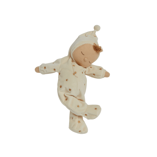 Beautiful plush doll, posable and perfectly weighted for calm. The Lullaby Lyra includes a pompom on their bonnet that plays a sleepy tune when pulled. This doll is suitable from birth.