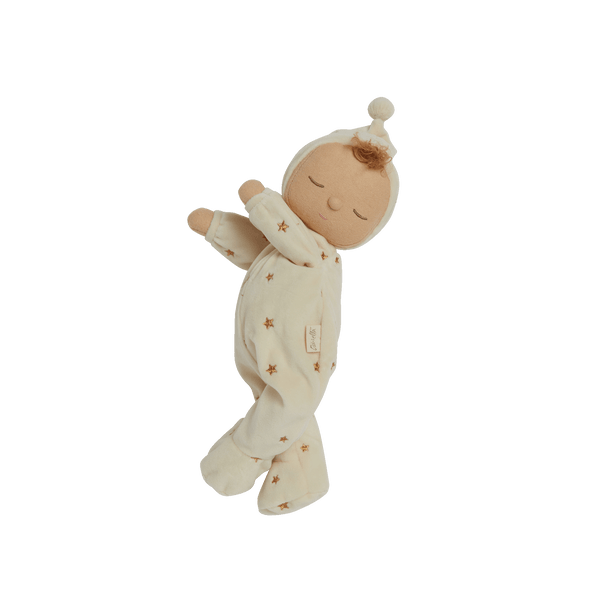 Posable plush doll suitable from birth. The Lullaby Lyra includes a pompom on their bonnet that plays a sleepy tune when pulled. 