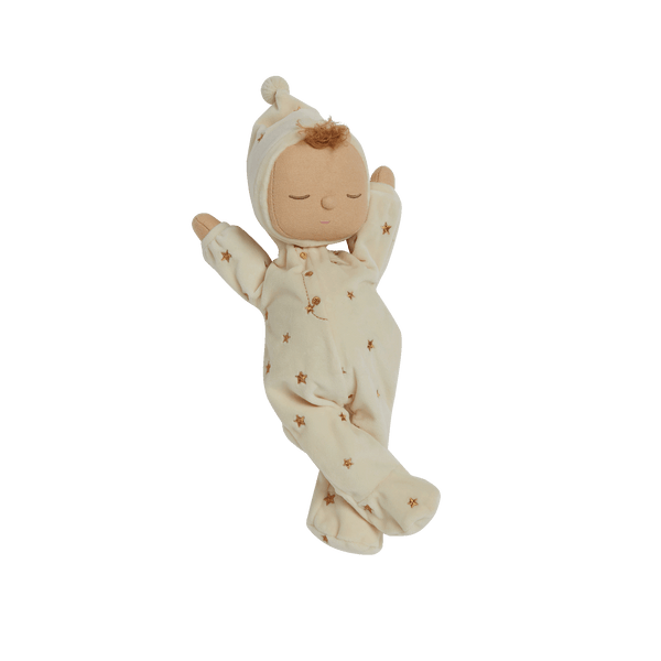 Posable plush doll suitable from birth. The Lullaby Lyra includes a pompom on their bonnet that plays a sleepy tune when pulled. 