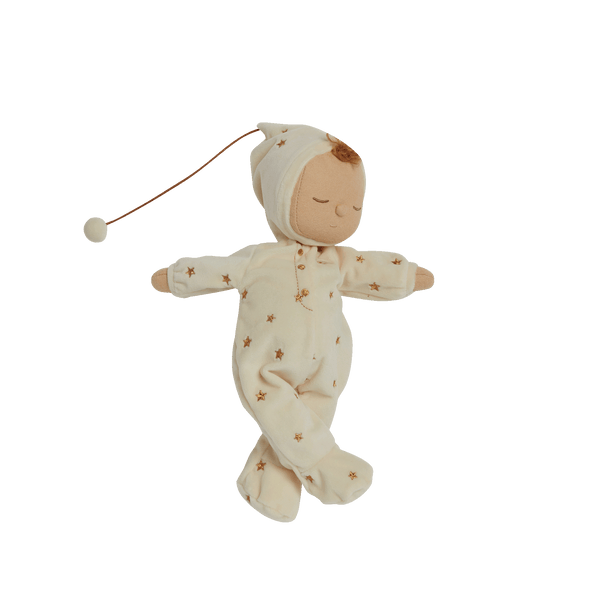 Beautiful plush doll, posable and perfectly weighted for calm. The Lullaby Lyra includes a pompom on their bonnet that plays a sleepy tune when pulled. This doll is suitable from birth.