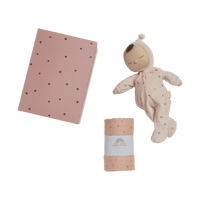 This gift set comes with a pink posable plush doll and matching swaddle cloth. the Lullaby Luna includes a pompom on their bonnet that plays a sleepy tune when pulled. Beautifully packaged in a keepsake box, this is the perfect gift for a newborn.