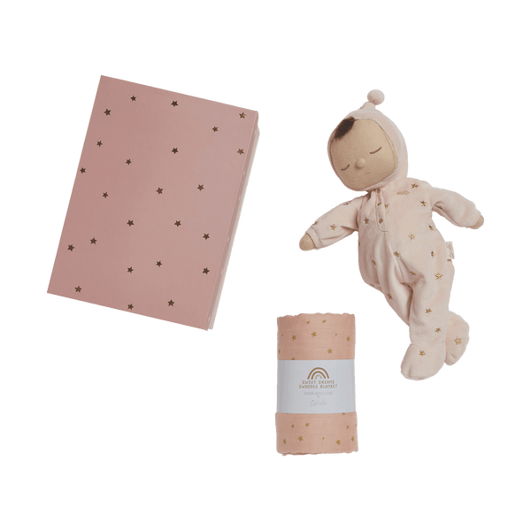 This gift set comes with a pink posable plush doll and matching swaddle cloth. the Lullaby Luna includes a pompom on their bonnet that plays a sleepy tune when pulled. Beautifully packaged in a keepsake box, this is the perfect gift for a newborn.