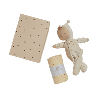 This gift set comes with a  posable plush doll and matching swaddle cloth. the Lullaby Lyra includes a pompom on their bonnet that plays a sleepy tune when pulled. Beautifully packaged in a keepsake box, this is the perfect gift for a newborn.