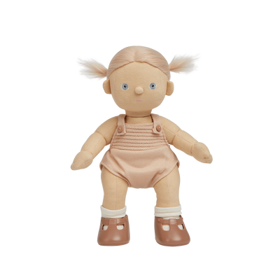 Strawberry blonde haired, posable doll for kids. Snuggle them, dress them up and style their hair. Each Doll comes with its own removable gender-neutral outfit, socks, nappy, and shoes, perfect for interative doll play.