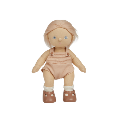 Strawberry blonde haired, posable doll for kids. Snuggle them, dress them up and style their hair. Each Doll comes with its own removable gender-neutral outfit, socks, nappy, and shoes, perfect for interative doll play.