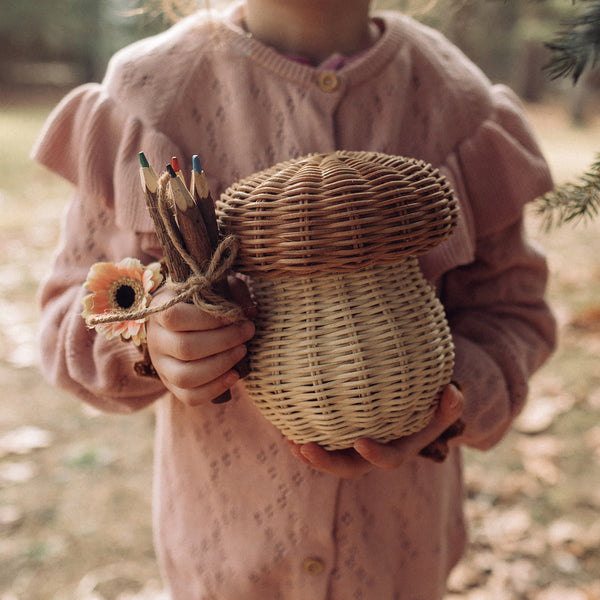 Handwoven rattan mushroom storage basket with six hand-carved coloured pencils. Watch little ones create beautiful drawings with the easy-hold pencile. 