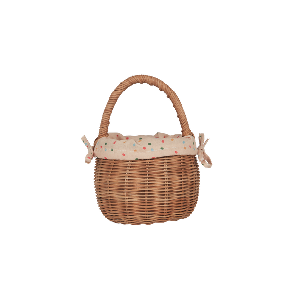 Easter themed handwoven rattan basket with printed fabric lining. Designed for kids to carry their favourite toys and trinkets, forage on outdoor adventures or as a home décor storage solution.